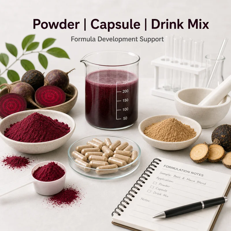 Beet and maca powders shown with a drink-mix formulation context