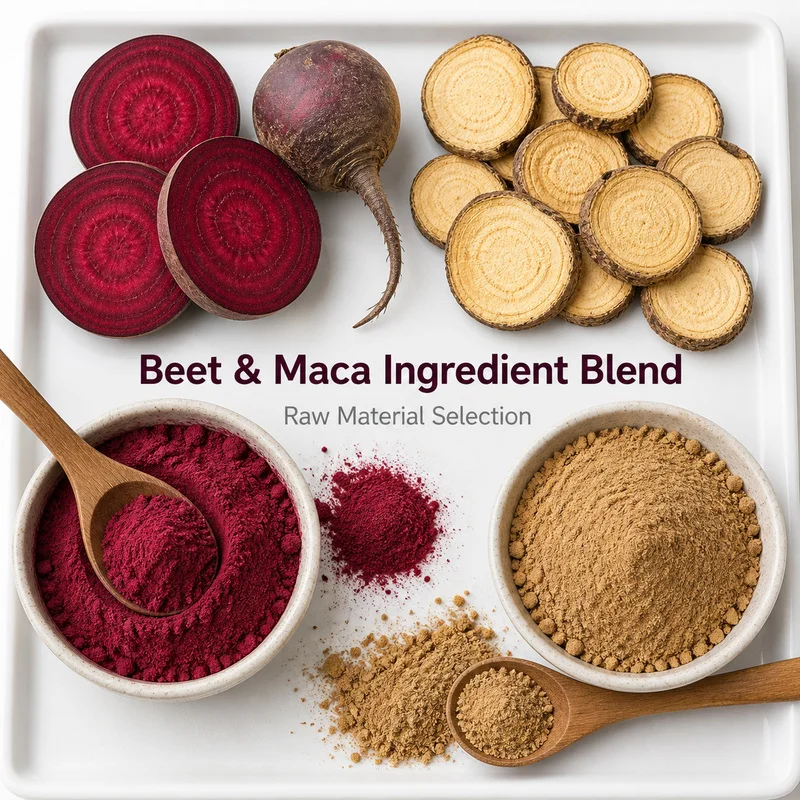 Beet and maca ingredient powders with source-root marketing context