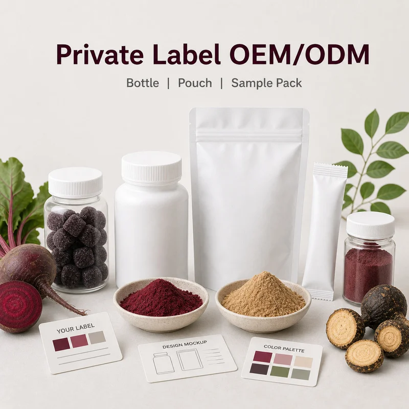Beet and maca powders with packaging discussion examples