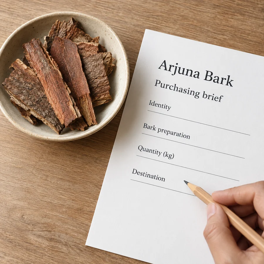 Arjuna bark purchasing brief with blank kg and destination fields