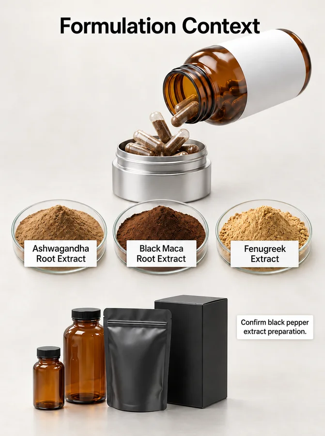 Downstream formulation context for ashwagandha black maca fenugreek black pepper extract blend
