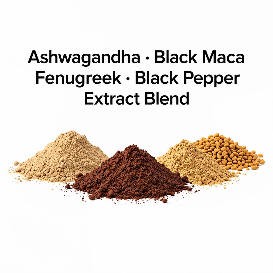 ashwagandha black maca fenugreek black pepper extract blend ingredient purchasing concept