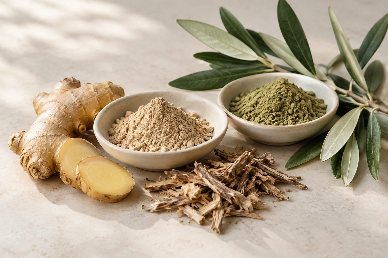 Ginger–Echinacea Root–Olive Leaf Blend botanical-input marketing concept