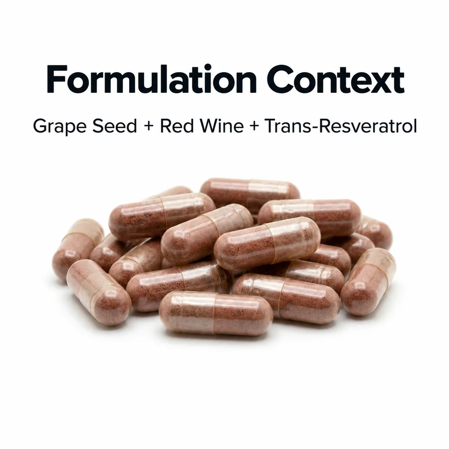 Downstream capsule formulation context for the three-input grape seed, red wine and trans-resveratrol blend.