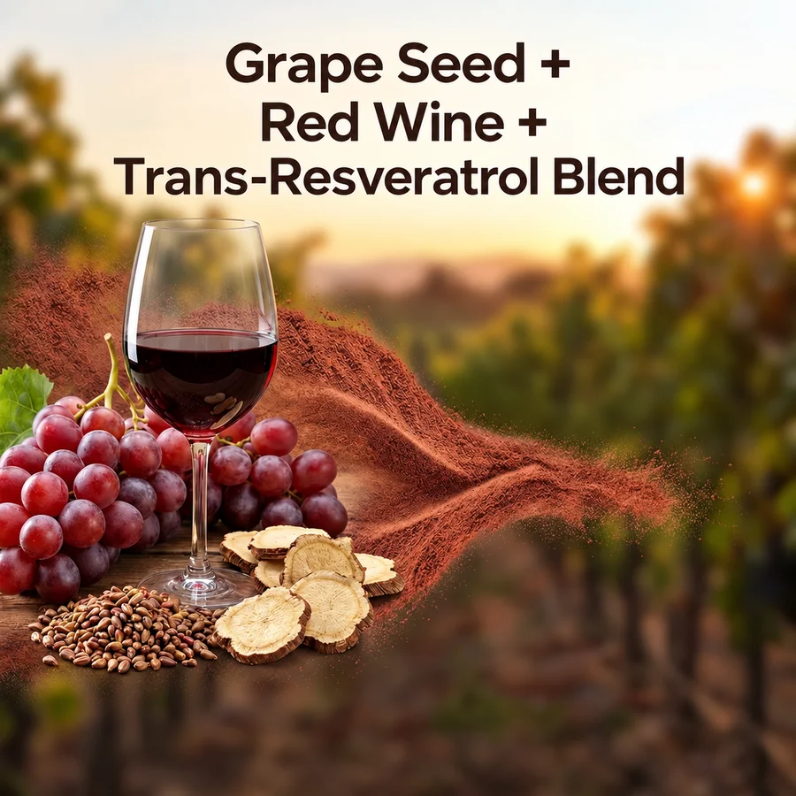 Grape, grape seeds, red wine and knotweed root source context beside conceptual ingredient powder.