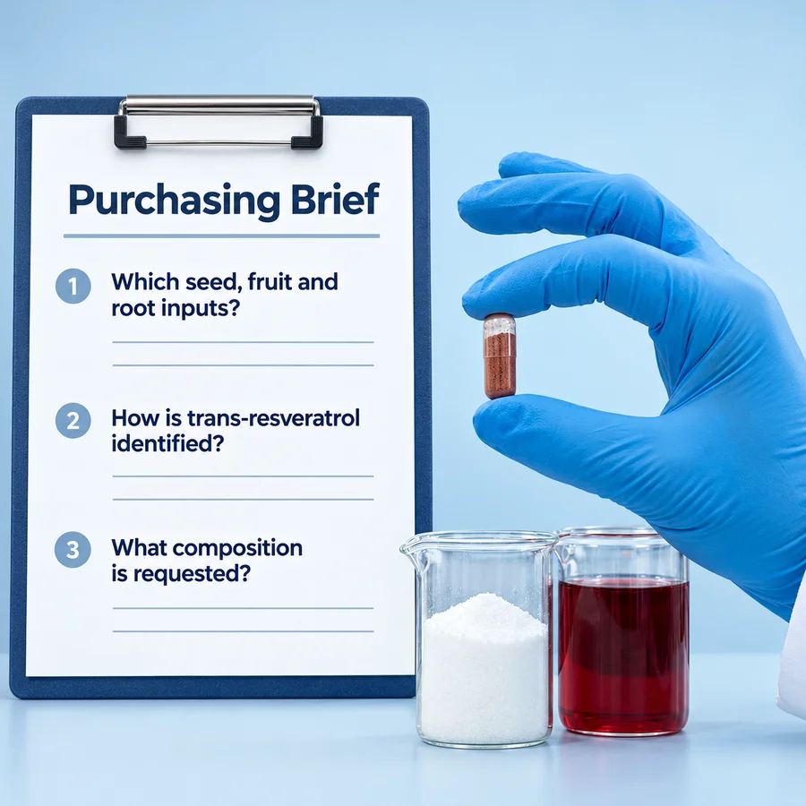 Ingredient identity and composition questions for a grape seed, red wine and trans-resveratrol purchasing brief.