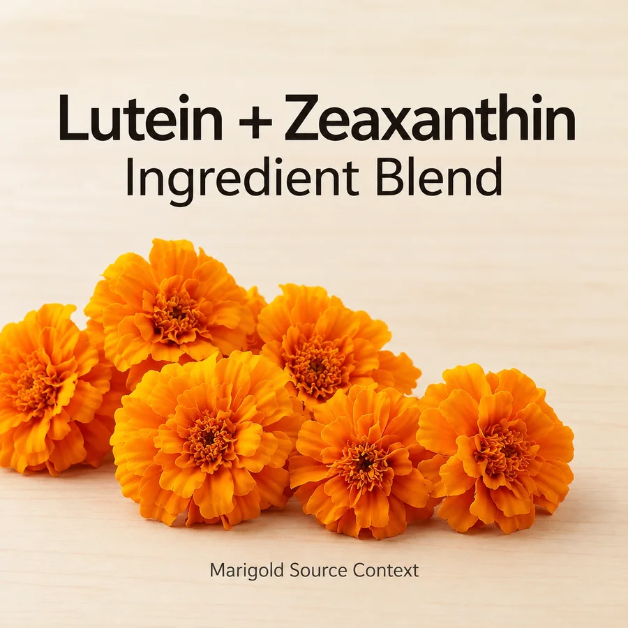 Marigold flower source context for a lutein and zeaxanthin ingredient blend.