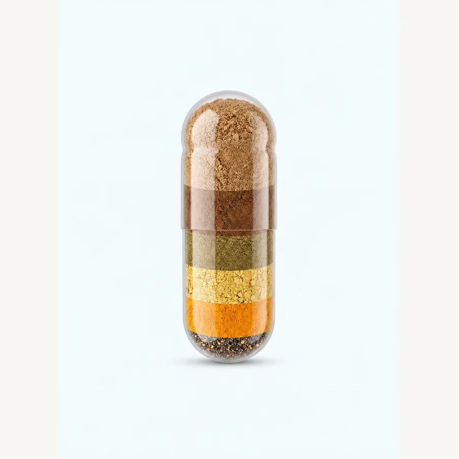 Conceptual six-input capsule-formulation discussion for a botanical blend