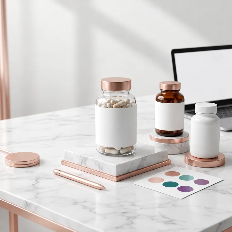 Plain sample-container and label-design planning for a three-input blend brief