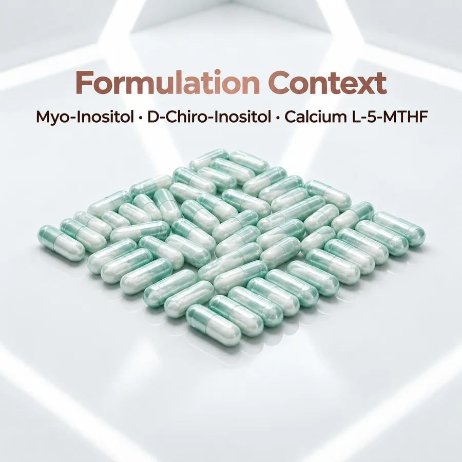 Downstream formulation context for myo inositol d chiro inositol calcium l 5 mthf blend
