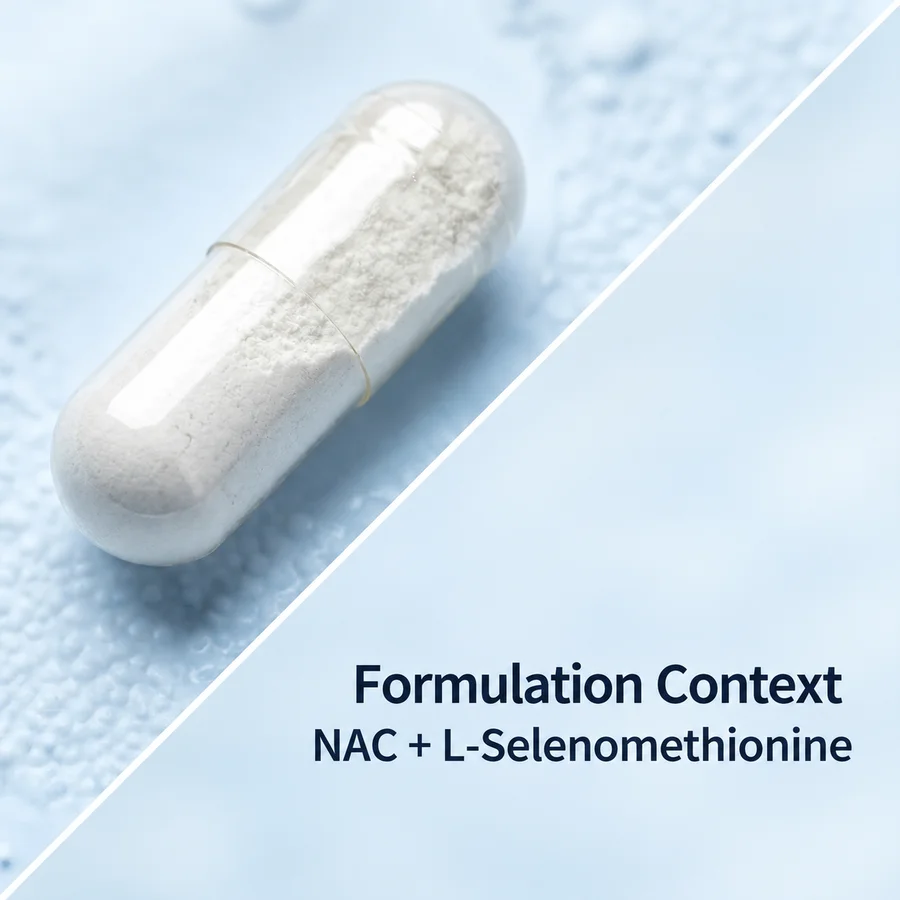 Downstream capsule formulation context for NAC and L-selenomethionine inputs.