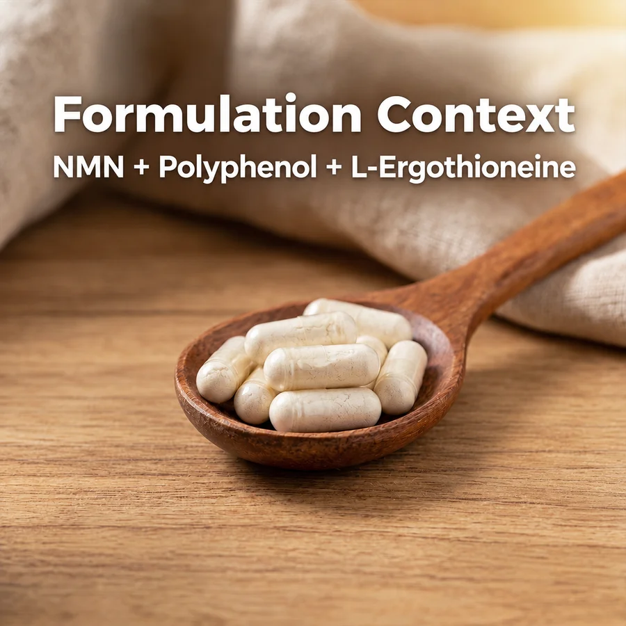 Downstream capsule formulation context for the NMN, polyphenol and L-ergothioneine composition.