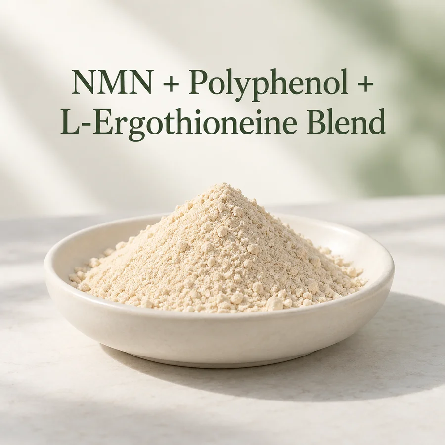 Conceptual ingredient powder for an NMN, polyphenol and L-ergothioneine blend.