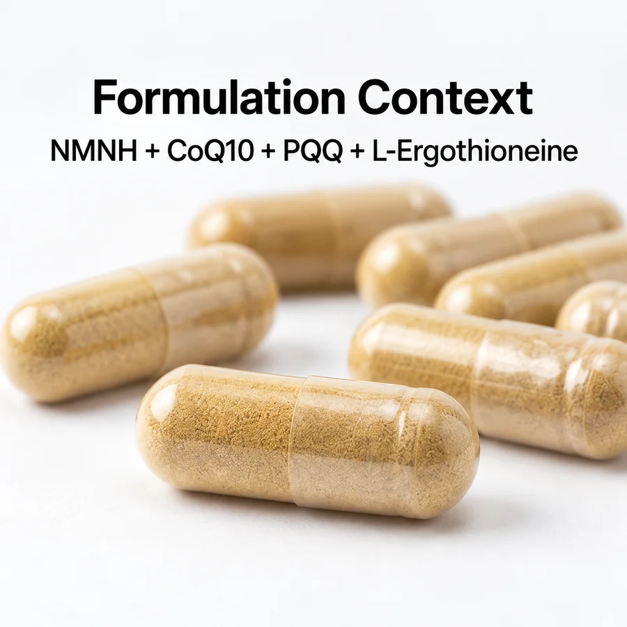 Downstream powder-filled capsule formulation context for NMNH, CoQ10, PQQ and L-ergothioneine.