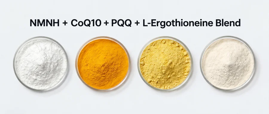 Illustrative ingredient sample dishes for an NMNH, CoQ10, PQQ and L-ergothioneine blend.