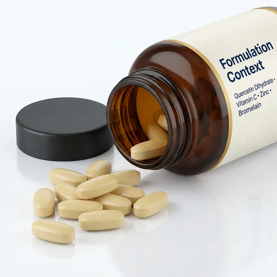 Downstream formulation context for quercetin dihydrate vitamin c zinc bromelain blend