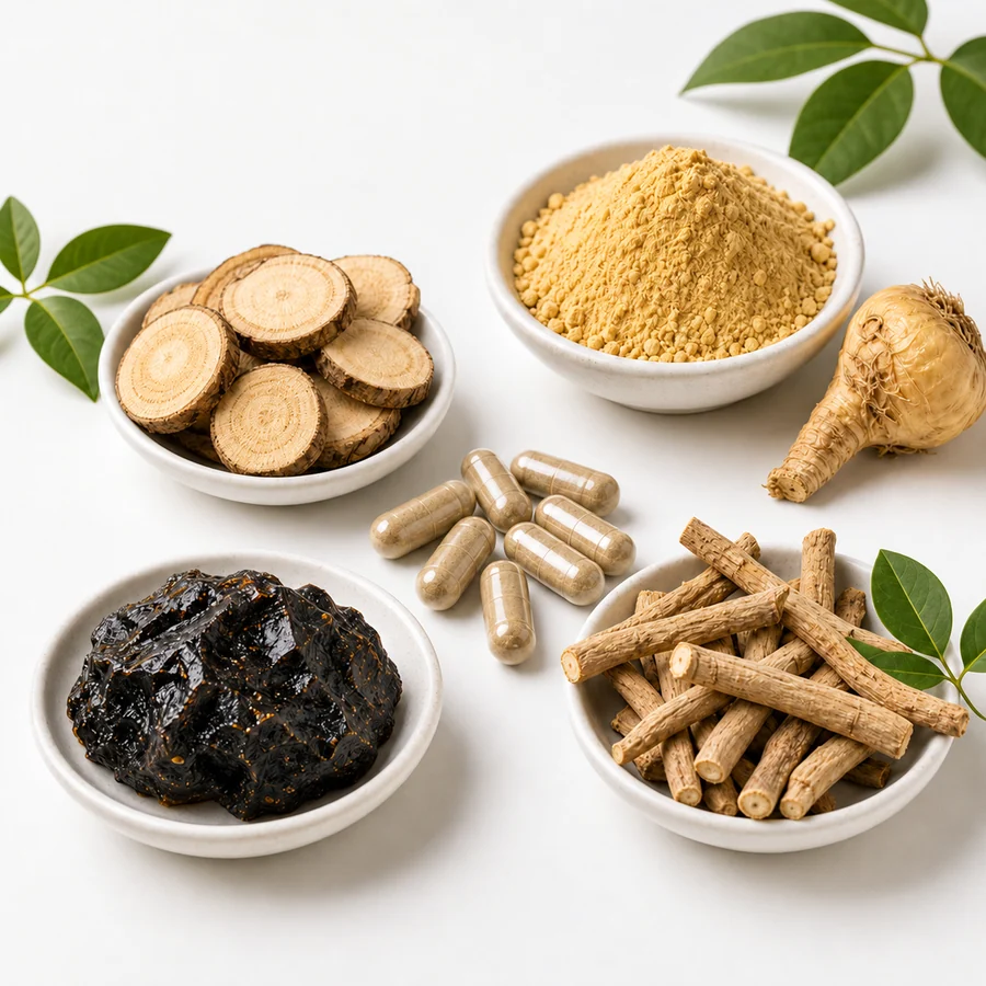 Tongkat Ali–Maca–Shilajit–Ashwagandha Extract Blend ingredient composition concept