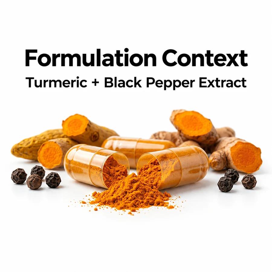 Downstream capsule formulation context with turmeric and black pepper ingredient sources.