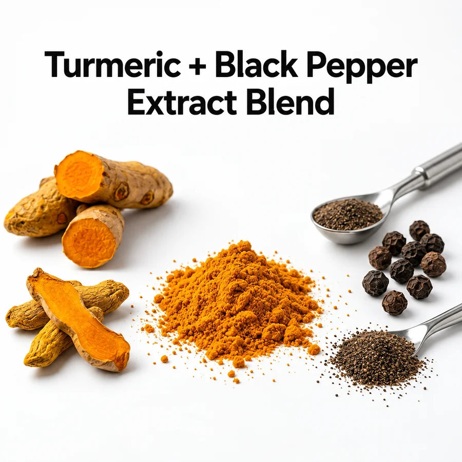 Turmeric rhizome and black pepper source context beside conceptual blend powder.