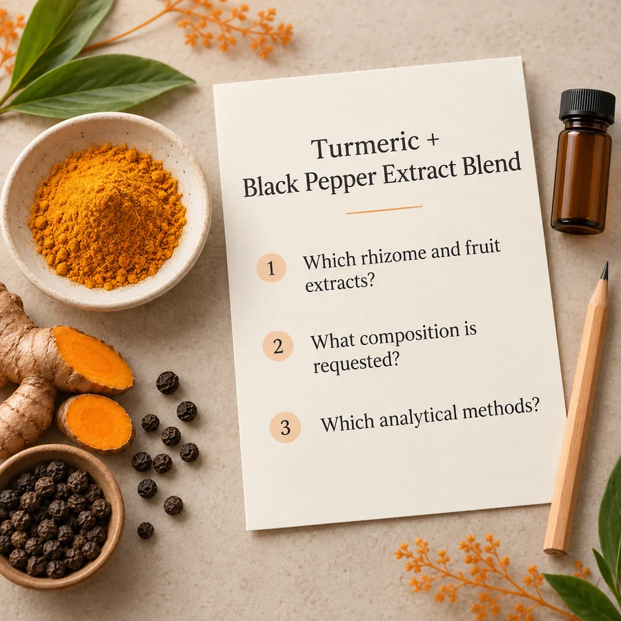 Turmeric and black pepper extract purchasing brief covering identity, composition and analytical methods.