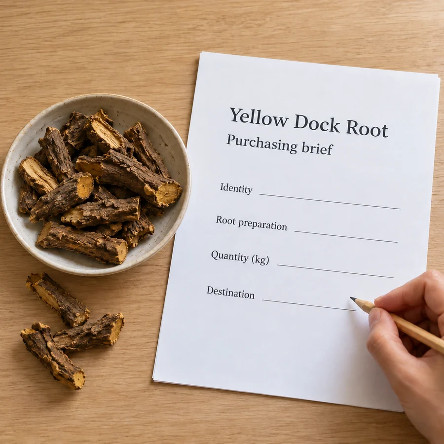 Yellow dock root purchasing brief with blank kg and destination fields