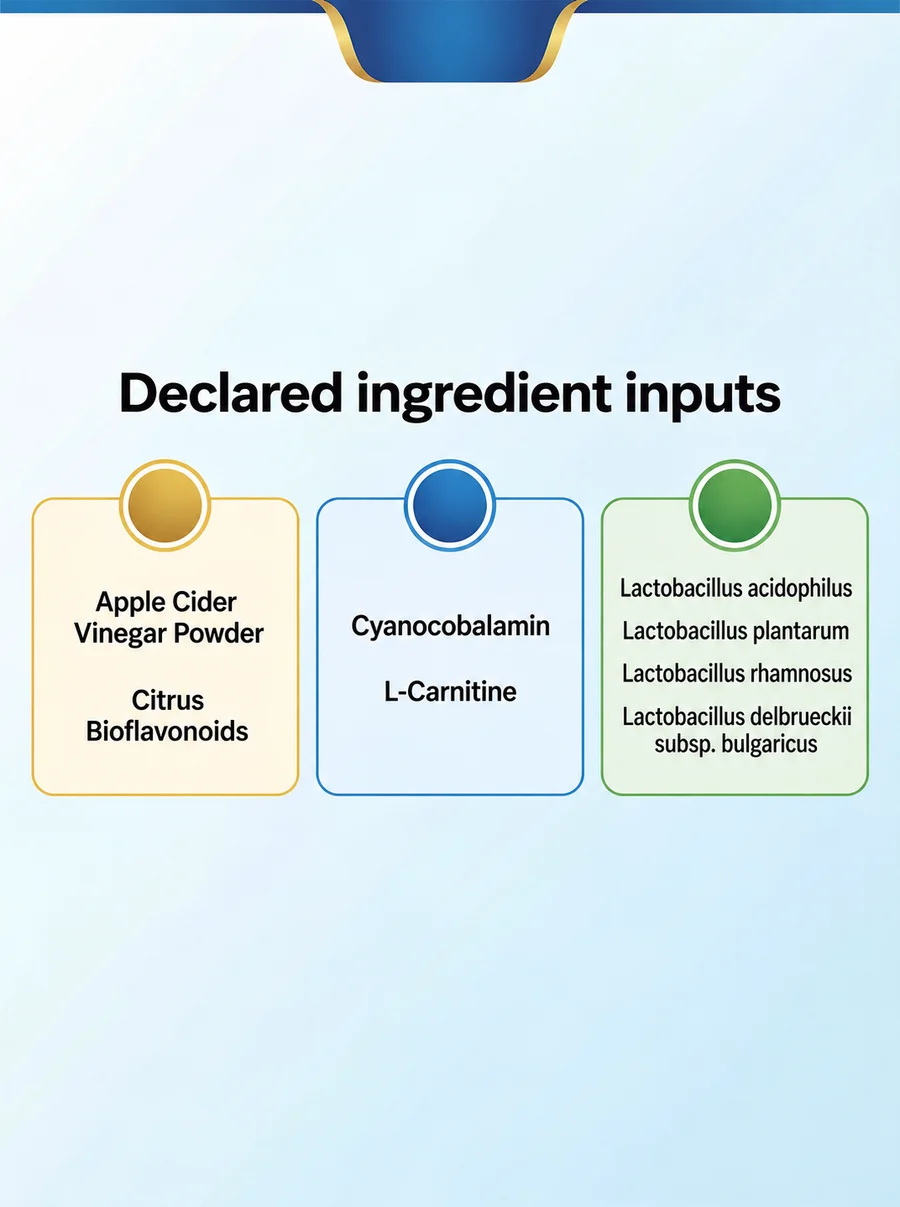 Apple Cider Vinegar–B12–Carnitine–Culture Blend declared ingredient composition