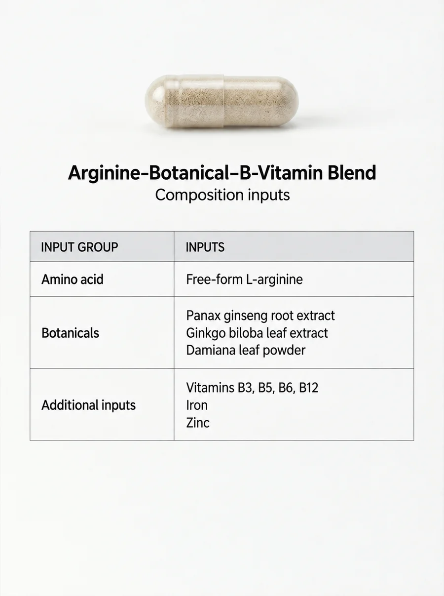 Named input-composition reference for arginine botanical b vitamin iron zinc blend