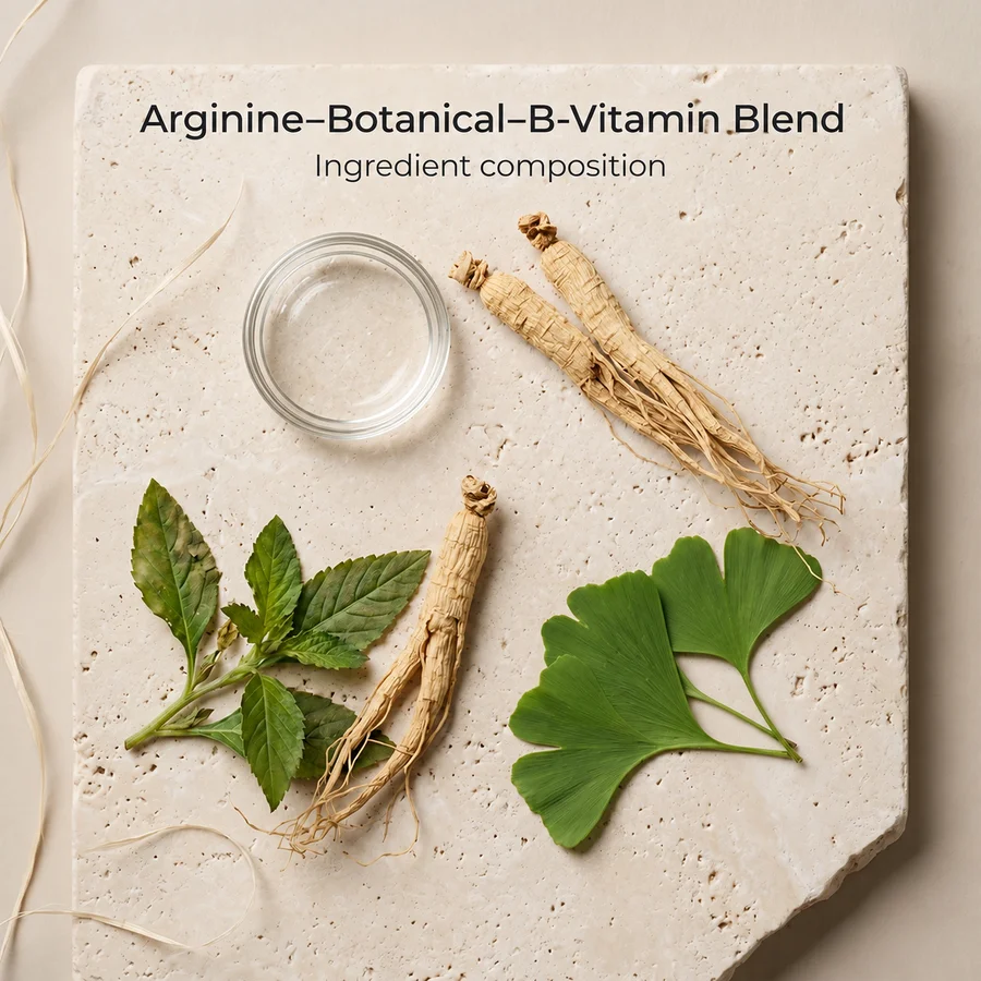 Ingredient-composition source context for arginine botanical b vitamin iron zinc blend