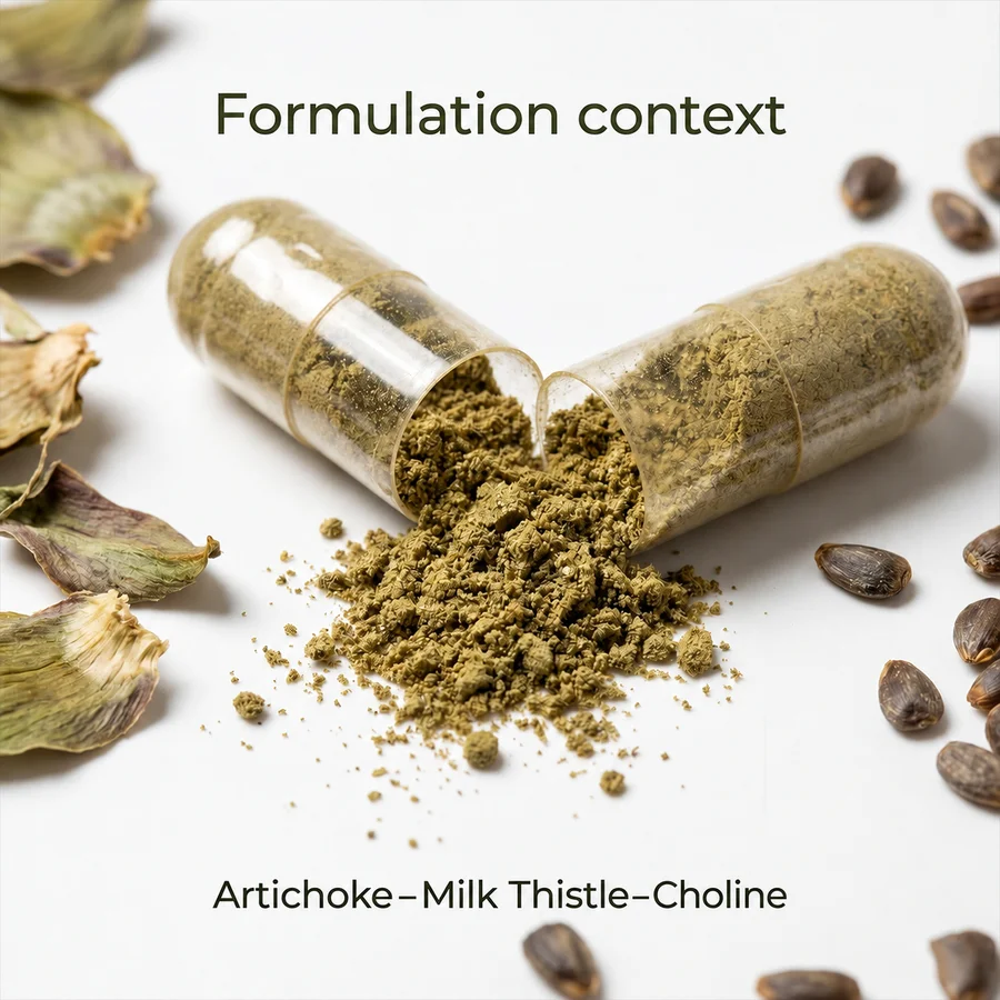 Downstream capsule-formulation context for the artichoke, milk-thistle and choline composition
