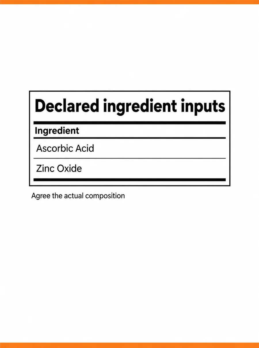 Ascorbic Acid–Zinc Oxide Blend declared ingredient composition