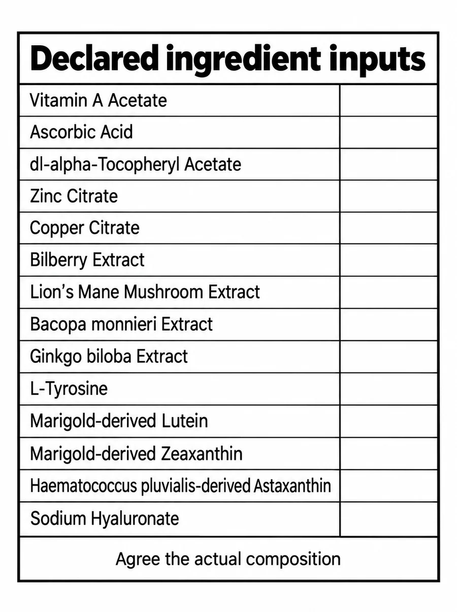 Bilberry–Lion’s Mane–Botanical–Nutrient Blend declared ingredient composition