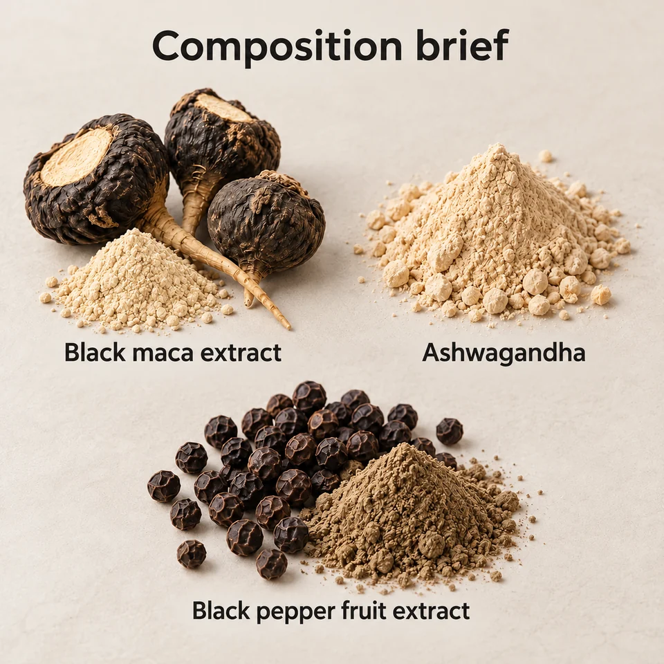 Black Maca–Ashwagandha–Black Pepper Blend named composition input guide