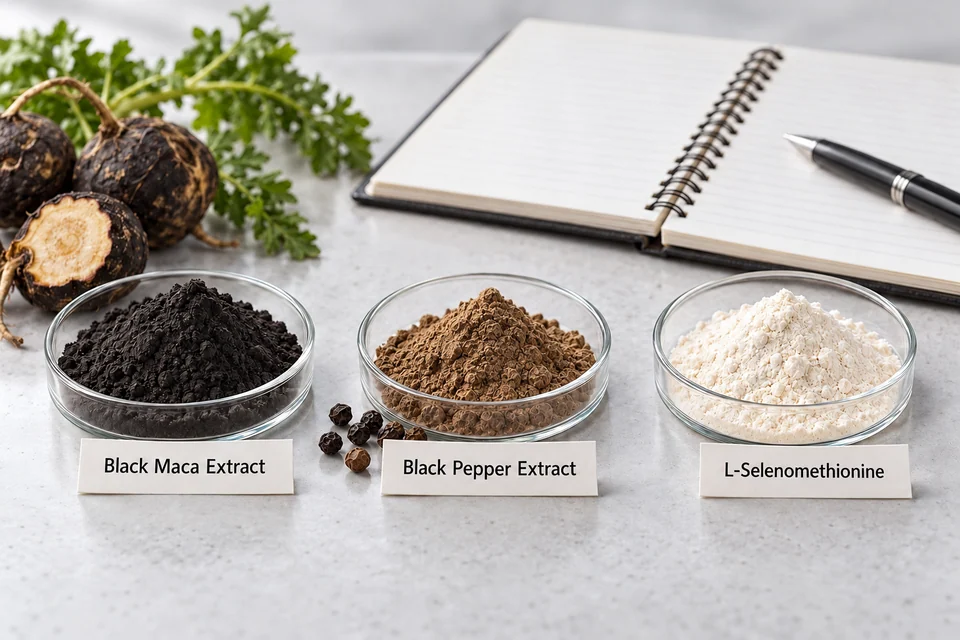 Separate black maca extract, black pepper extract and L-selenomethionine input discussion