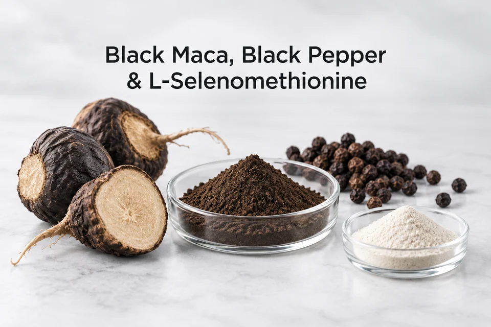 Black maca, black pepper and L-selenomethionine ingredient composition