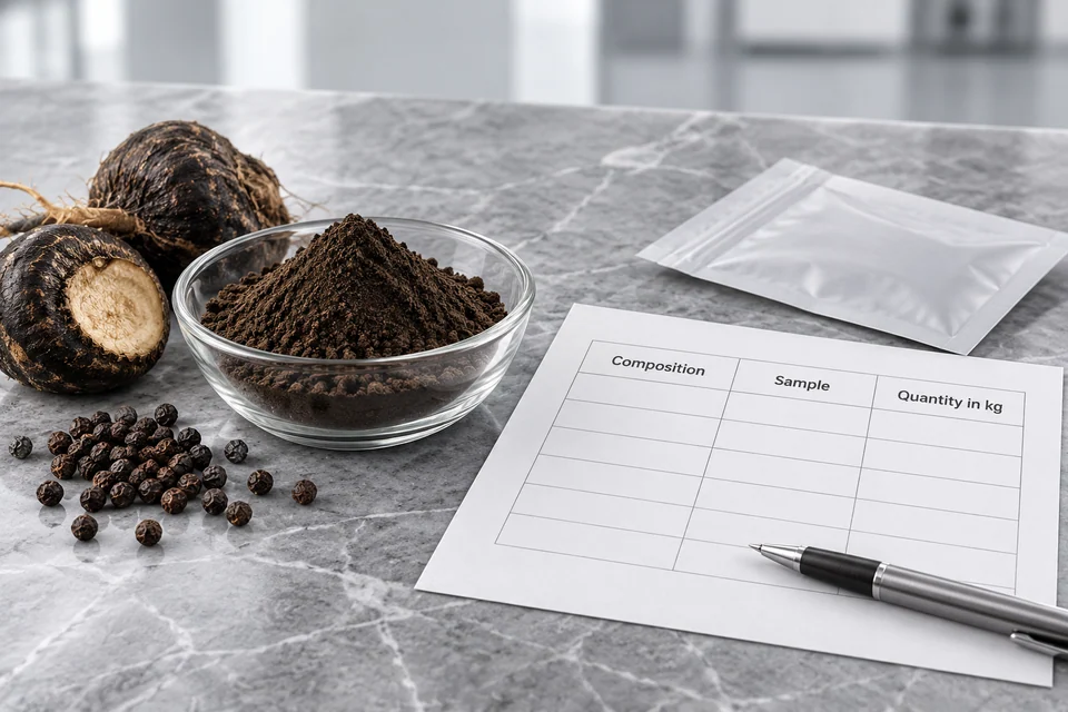 Black maca and pepper ingredient purchasing worksheet for composition, sample and quantity in kg