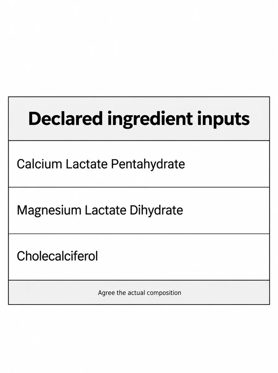 Calcium–Magnesium Lactate–Vitamin D3 Blend declared ingredient composition