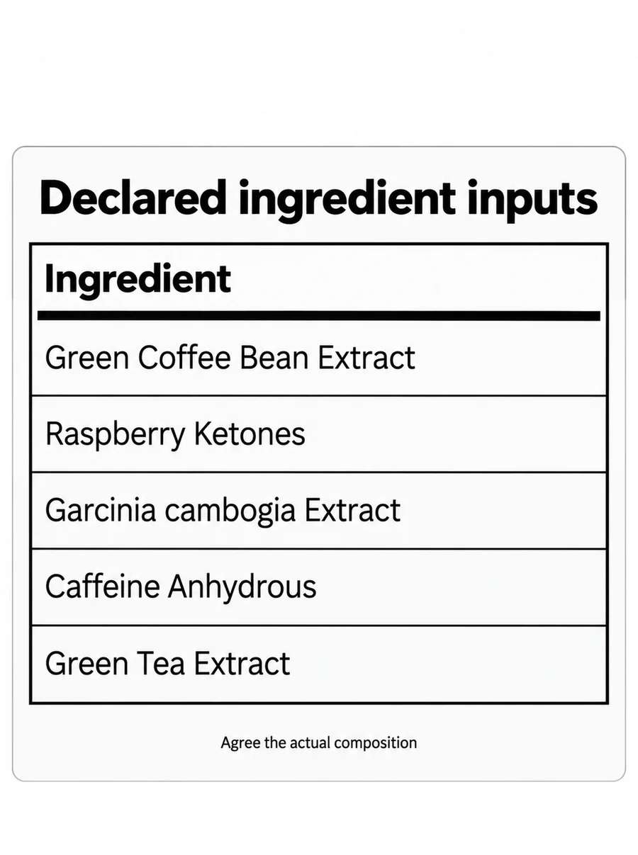 Coffee–Raspberry Ketone–Garcinia–Caffeine–Tea Blend declared composition