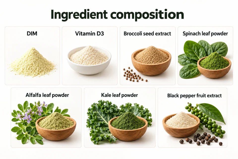 DIM–Broccoli–Leaf Powder–Vitamin D3 Blend declared input composition