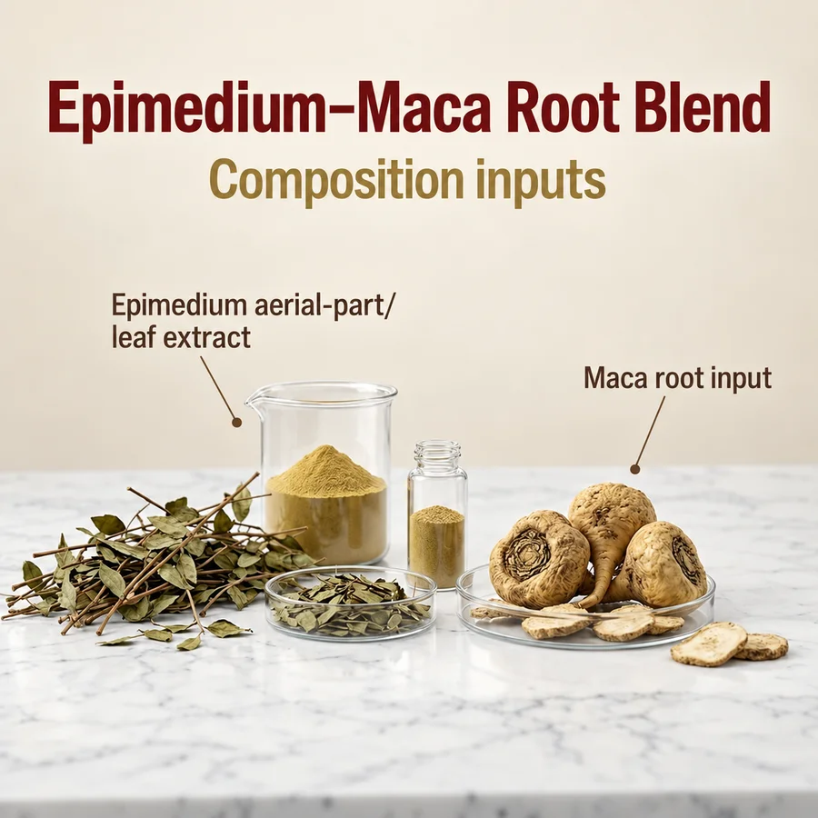 Source-defined composition and ingredient inputs for epimedium aerial extract maca root blend
