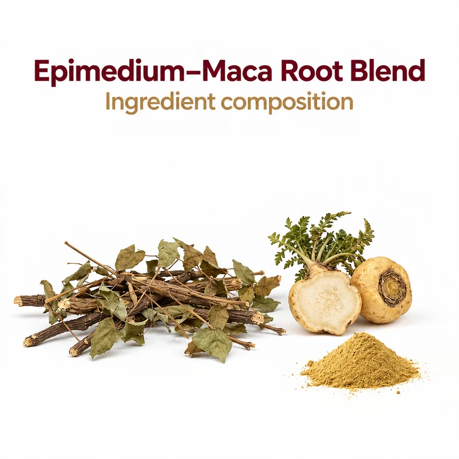 Product-specific ingredient-composition marketing visual for epimedium aerial extract maca root blend