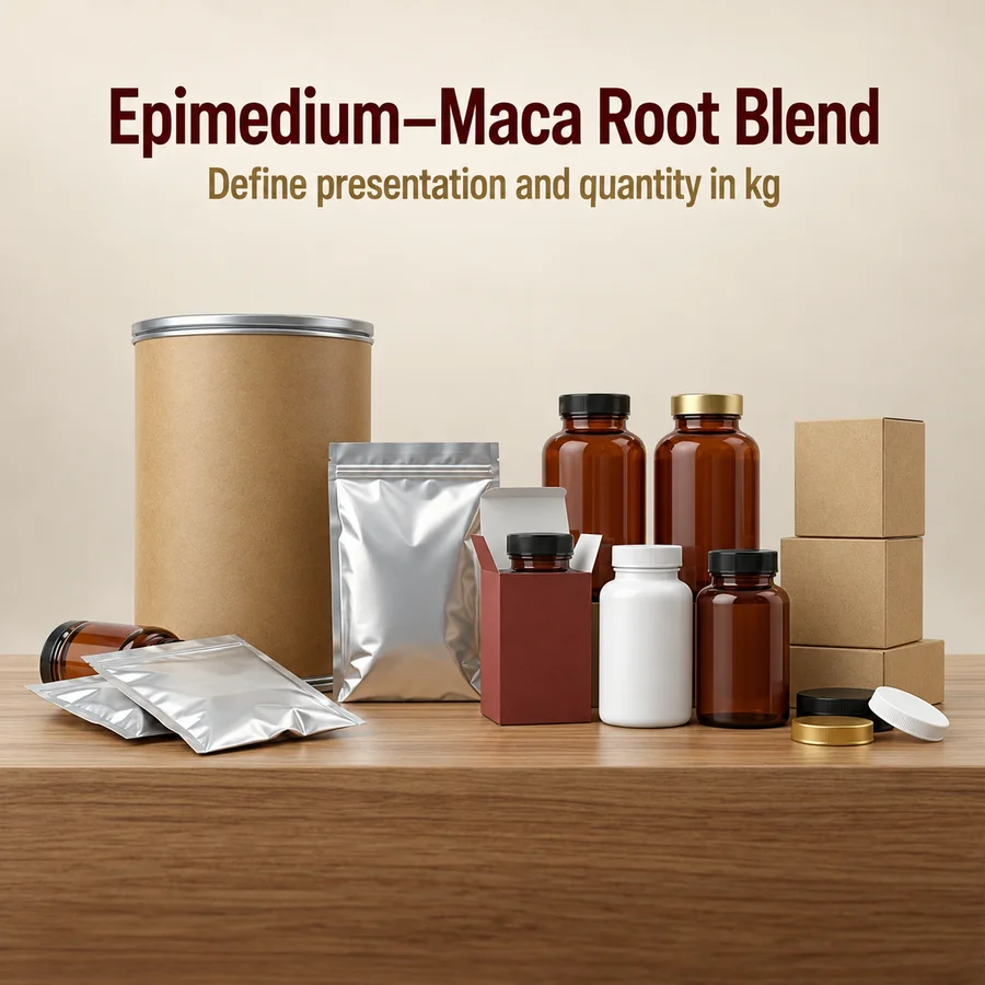 Packaging or destination discussion context for epimedium aerial extract maca root blend