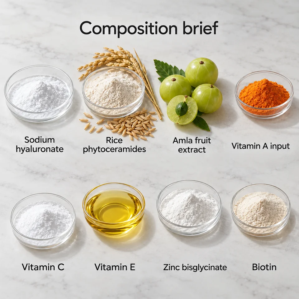 Hyaluronate–Rice Ceramide–Amla–Vitamin Ingredient Blend named composition input guide