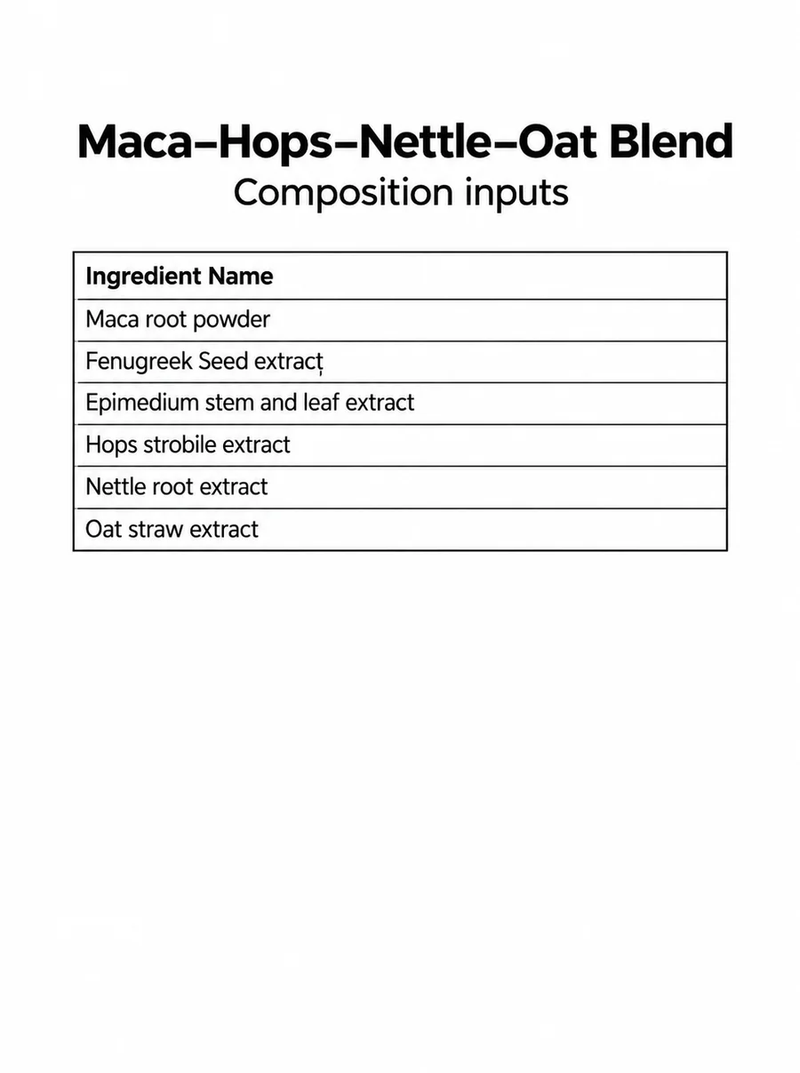 Six source-defined botanical input names for the maca, hops, nettle and oat-straw composition