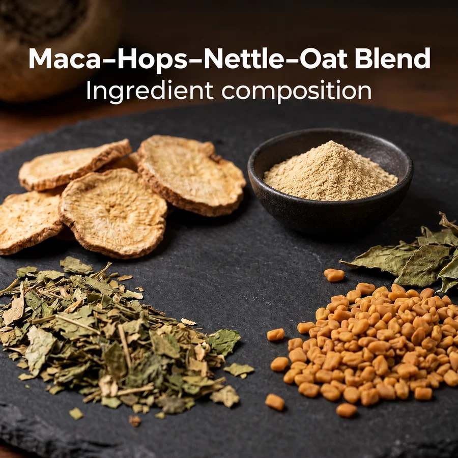 Botanical source-input composition for the maca, hops, nettle and oat-straw blend