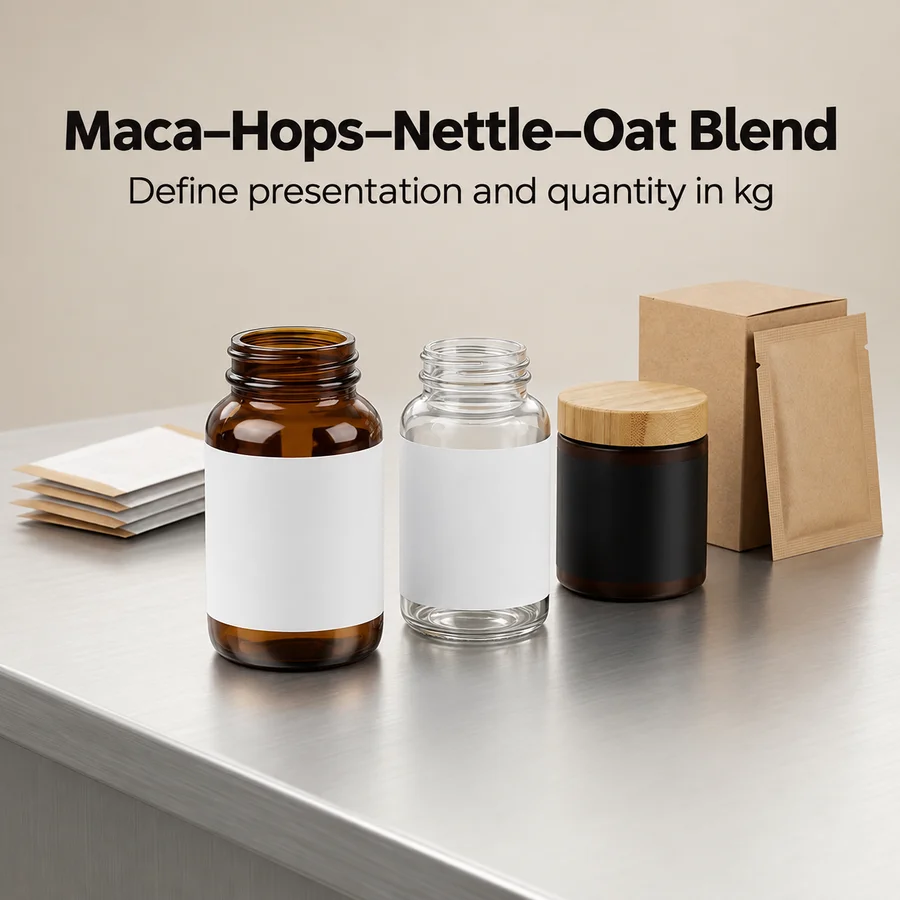 Packaging and quantity-discussion concepts for the maca, hops, nettle and oat-straw blend
