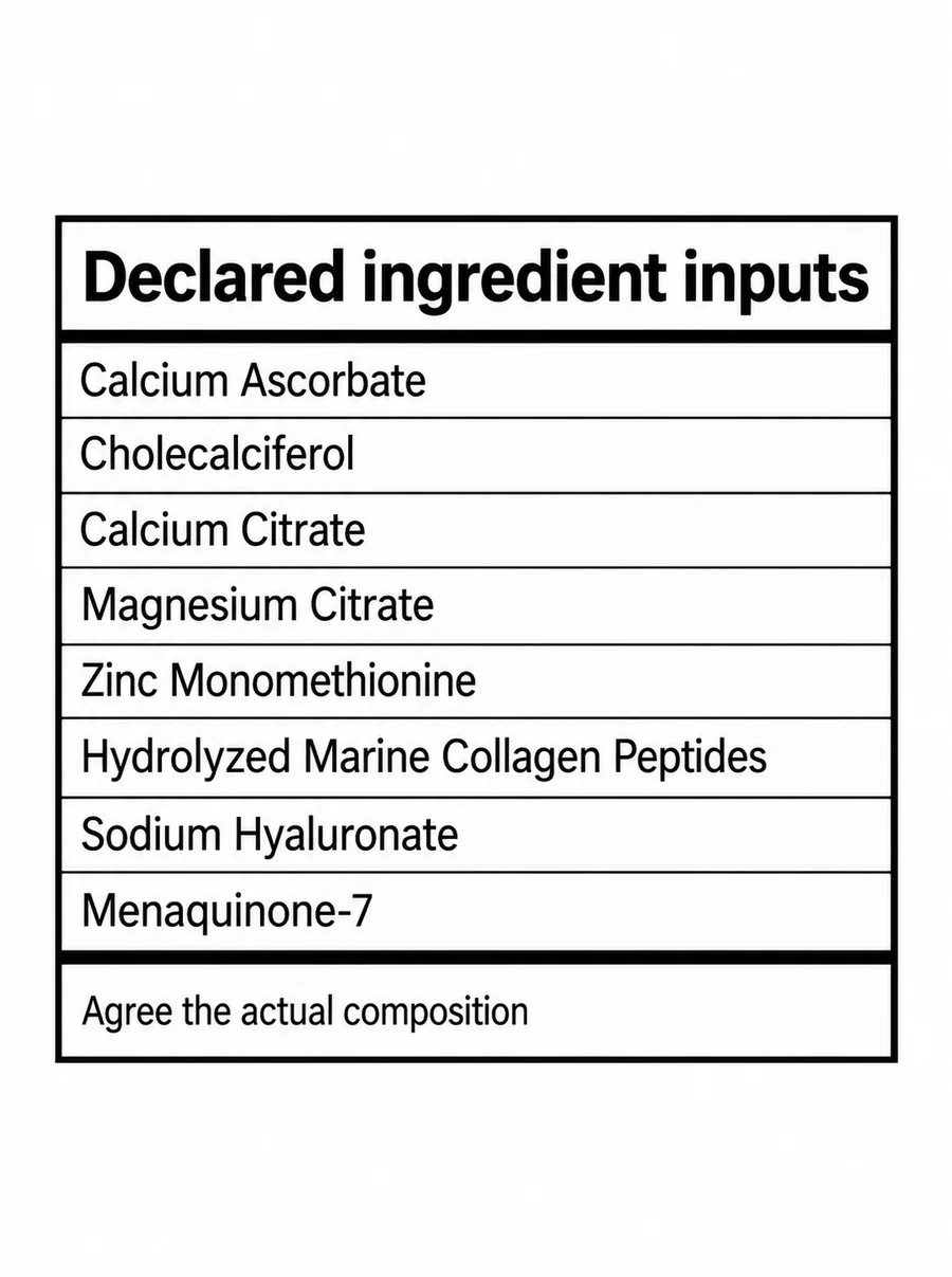 Marine Collagen–Mineral–Hyaluronate–K2 Blend declared composition