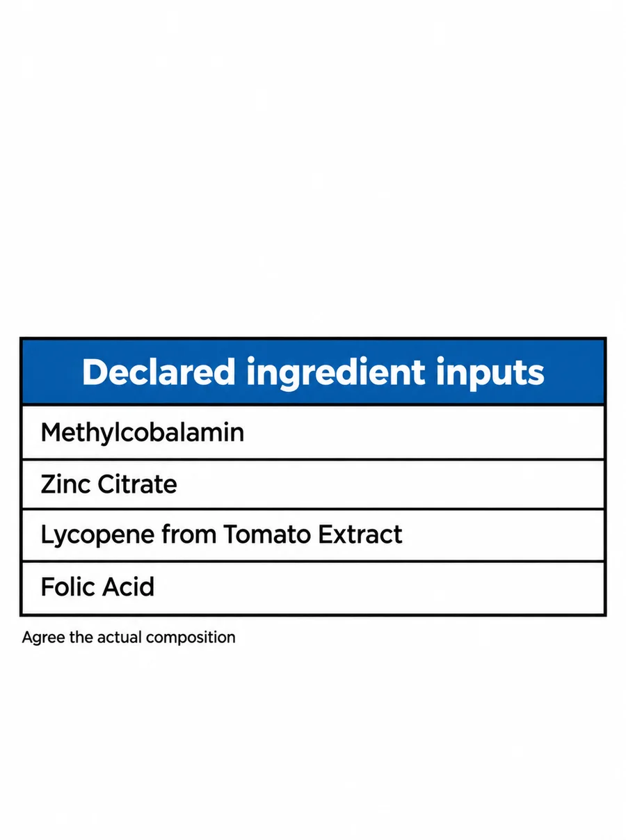 Methylcobalamin–Zinc Citrate–Lycopene–Folic Acid Blend declared composition