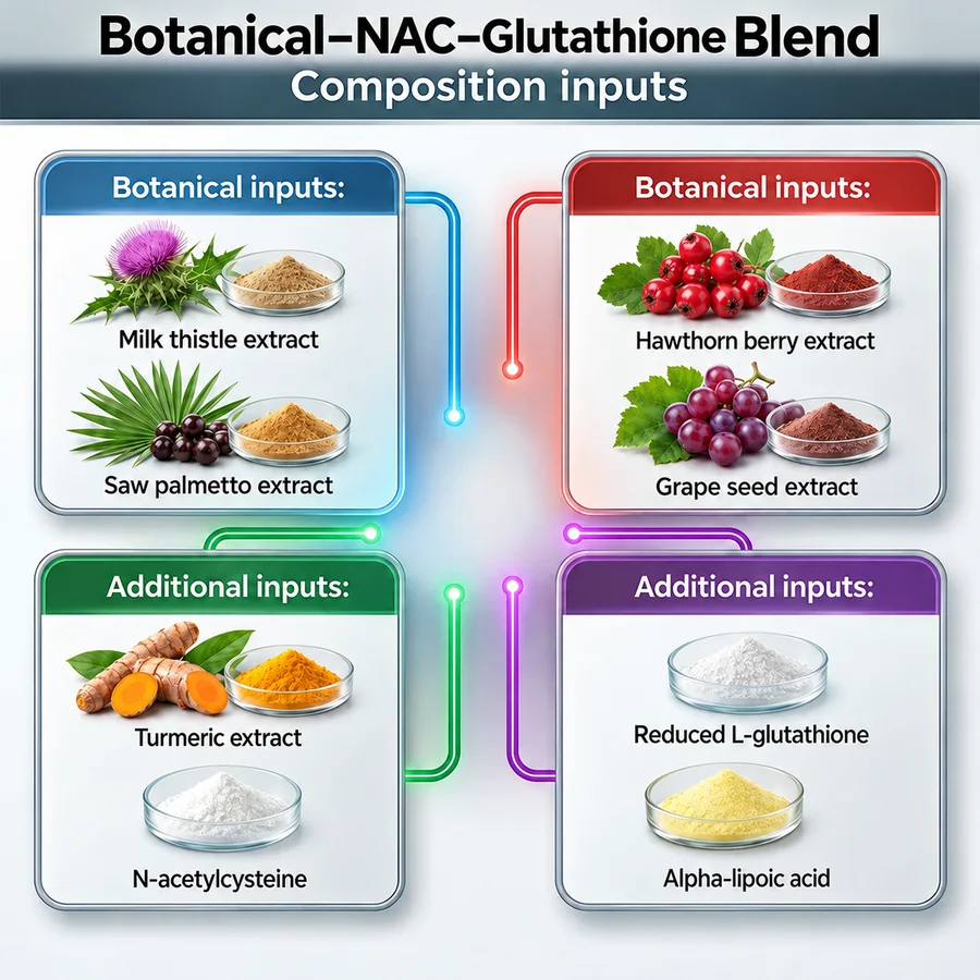 Source-defined composition and ingredient inputs for milk thistle nac saw hawthorn glutathione blend