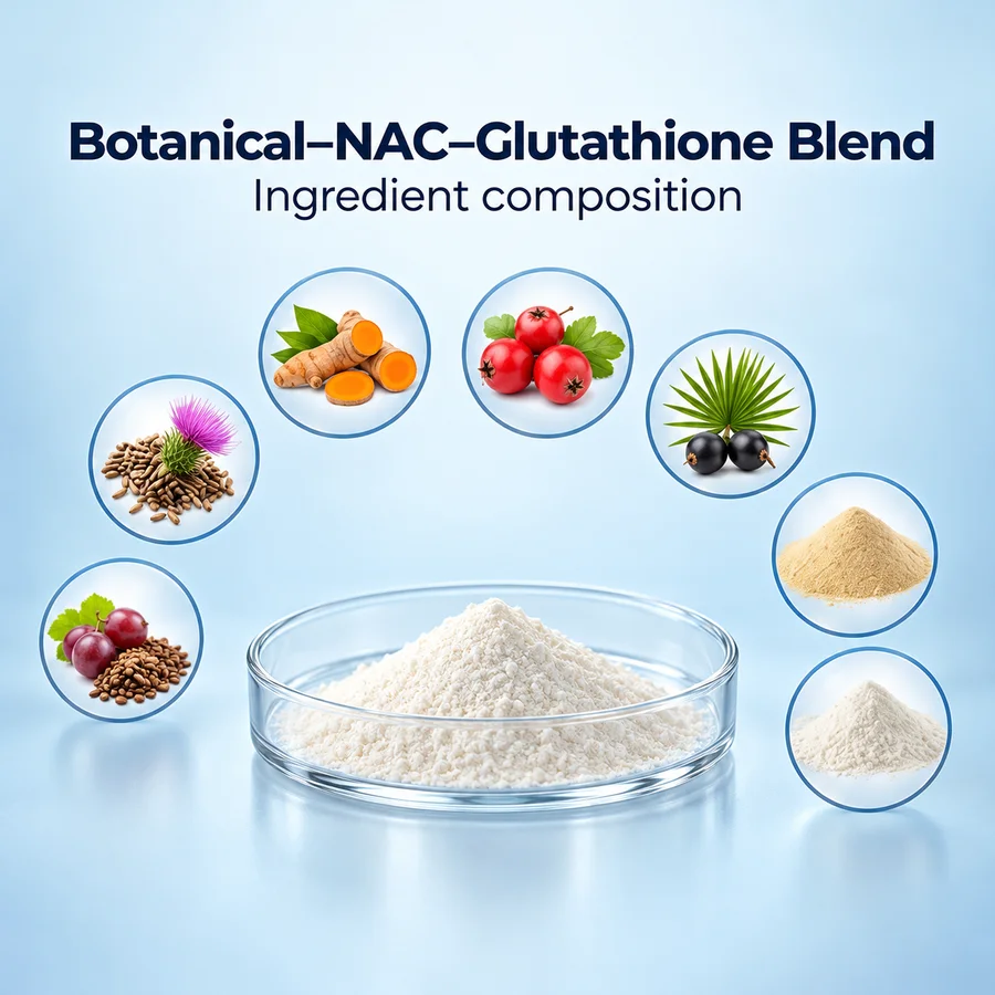 Product-specific ingredient-composition marketing visual for milk thistle nac saw hawthorn glutathione blend