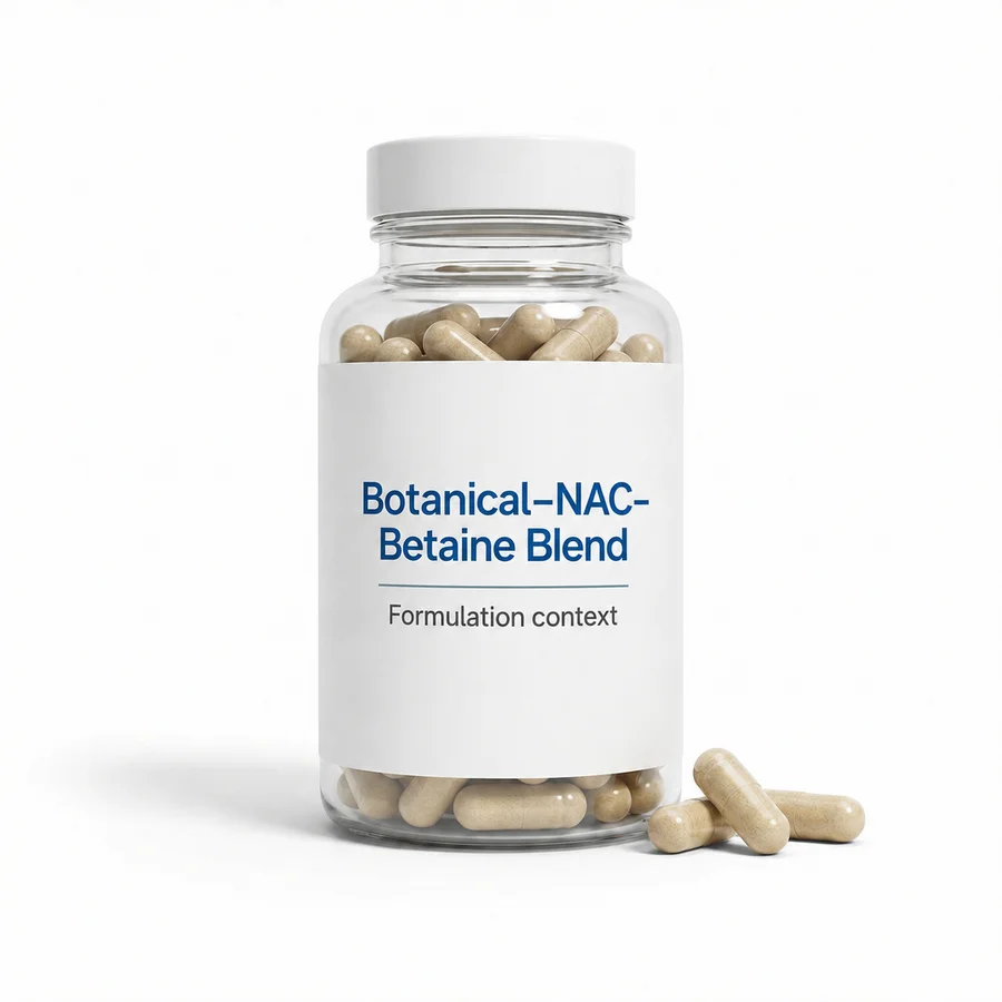 Downstream capsule-formulation context for the botanical, NAC and betaine composition